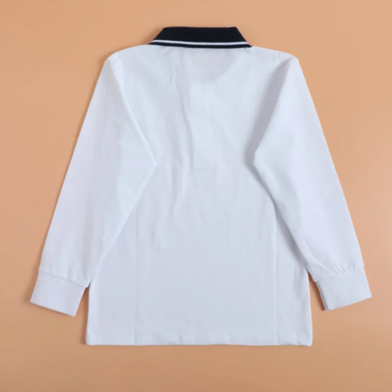 Kids Polo Shirt Long Sleeve Turn Down Collar Striped Trim Cuff Two Button Design Soft Comfortable School Casual Top