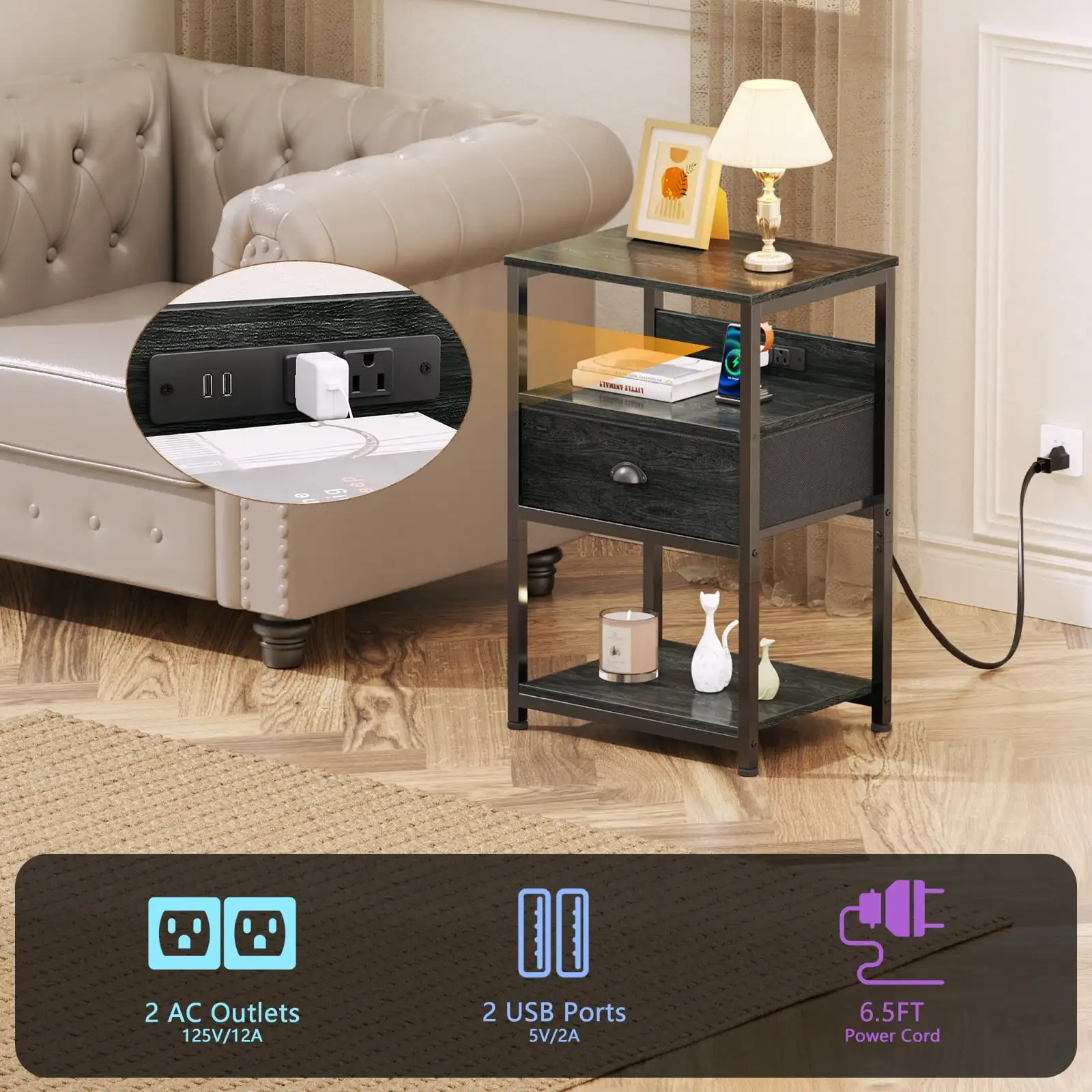 

LED Nightstand with Charging Station for Living Room Bedside Table with USB Ports Outlets Black Versatile