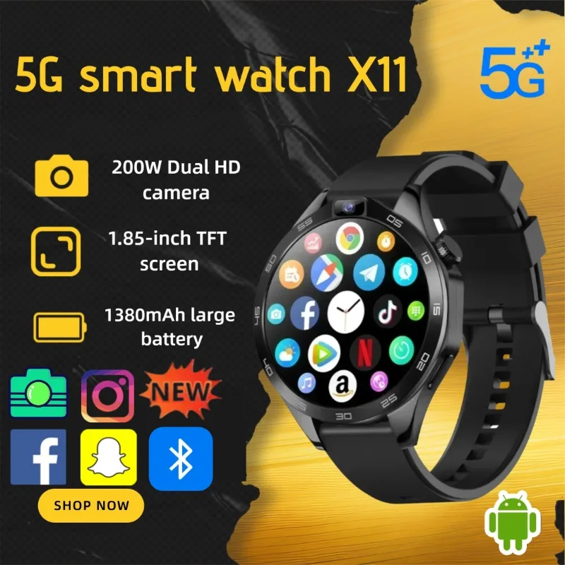 

X11 4G Smart Watch for Men Dual Camera 8GB RAM 128GB Storage Android 8.1 GPS WiFi 1380mAh Battery Heart Rate Monitor Waterproof