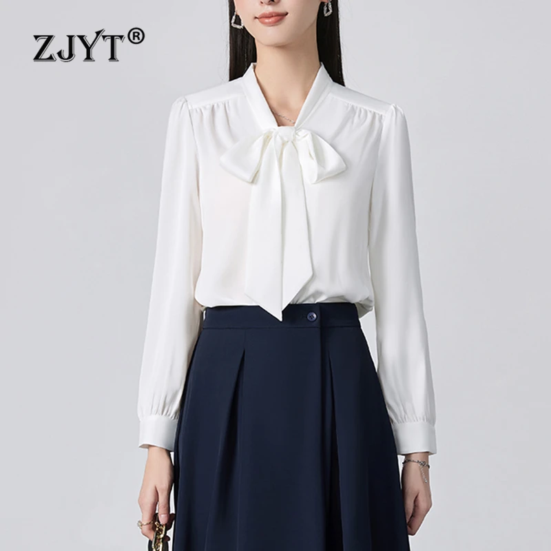 ZJYT Elegant Ladies Bow Collar White Shirts & Blouses Women Long Sleeve Office Camisas e Blusas Female Tops Spring 2025 Designer