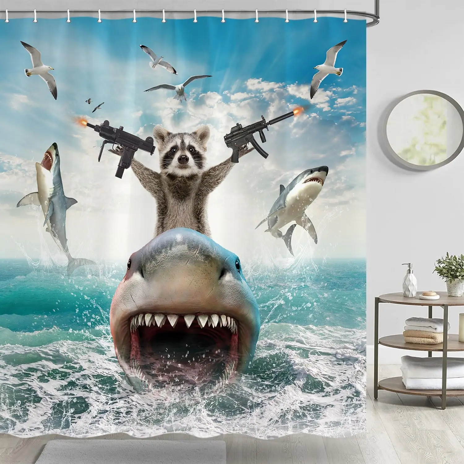 

Funny Ocean Shower Curtain with Raccoon Riding Shark Design, Fabric Bath Curtain with Hooks 69x70 Inch