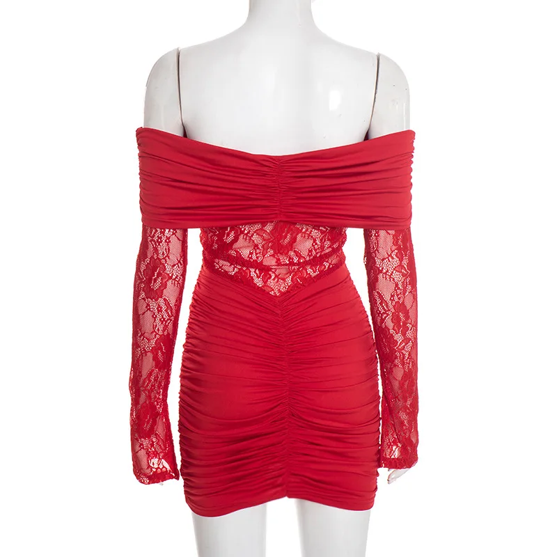 Sexy Y2K pizzo trasparente mini abito da donna senza spalline aderente increspato manica lunga party club outfit autunno inverno abiti regalo