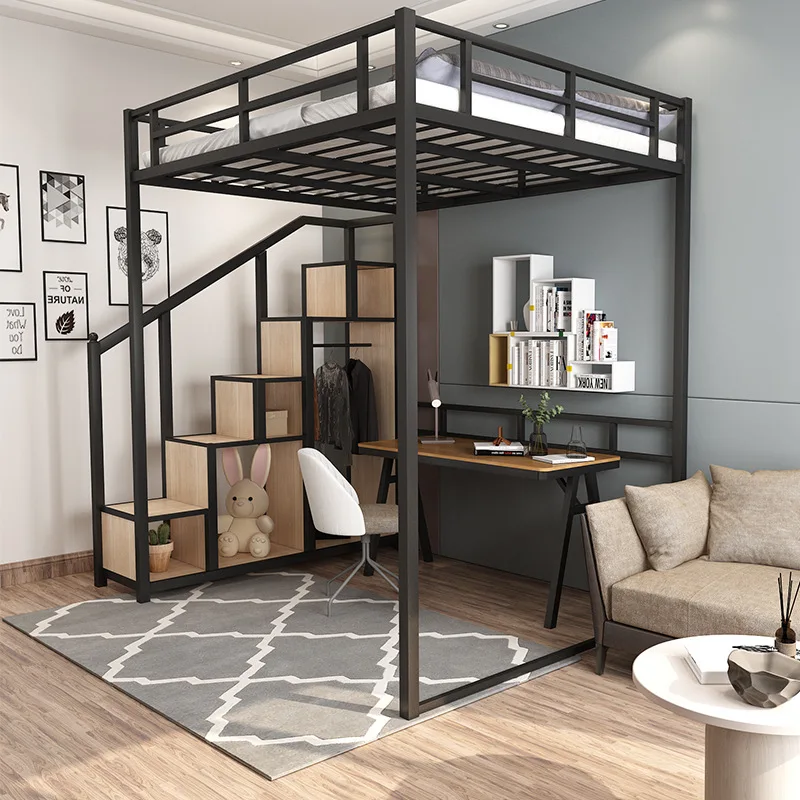 Wrought iron elevated bed household children's bedroom bed on the bed under the table with wardrobe space saving loft
