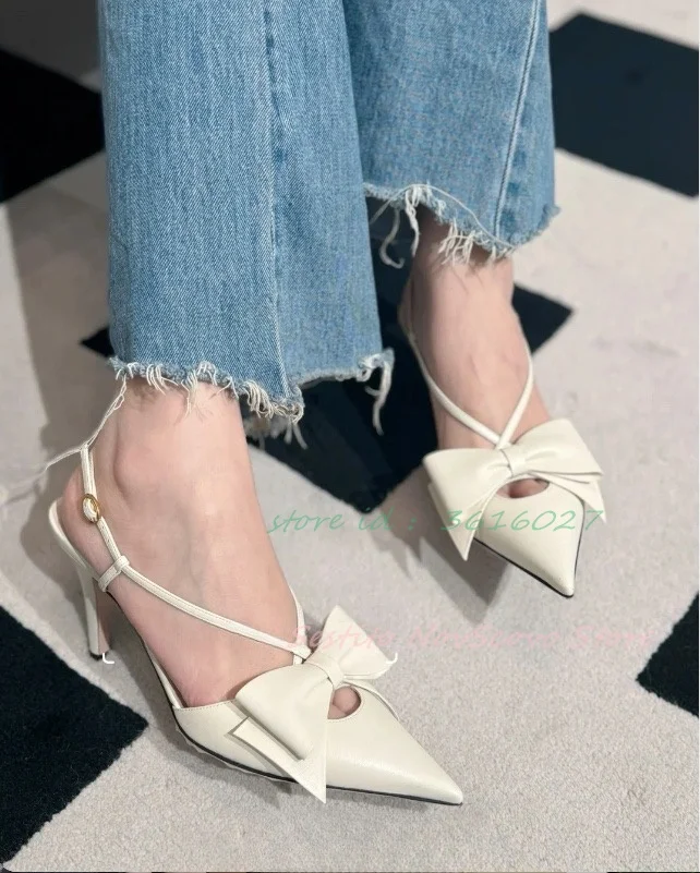 Pointed Toe Bow Sandals Shallow Stiletto High Heels Cross Straps Ankle Buckle Cutouts Summer Elegant Women Dress Single Shoes
