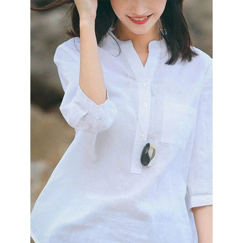 

New Ethnic Style Cotton Linen Pullover Shirt Ladies 3/4 Sleeve Comfortable Solid Color Top Women Literary Vintage BlouseYY156