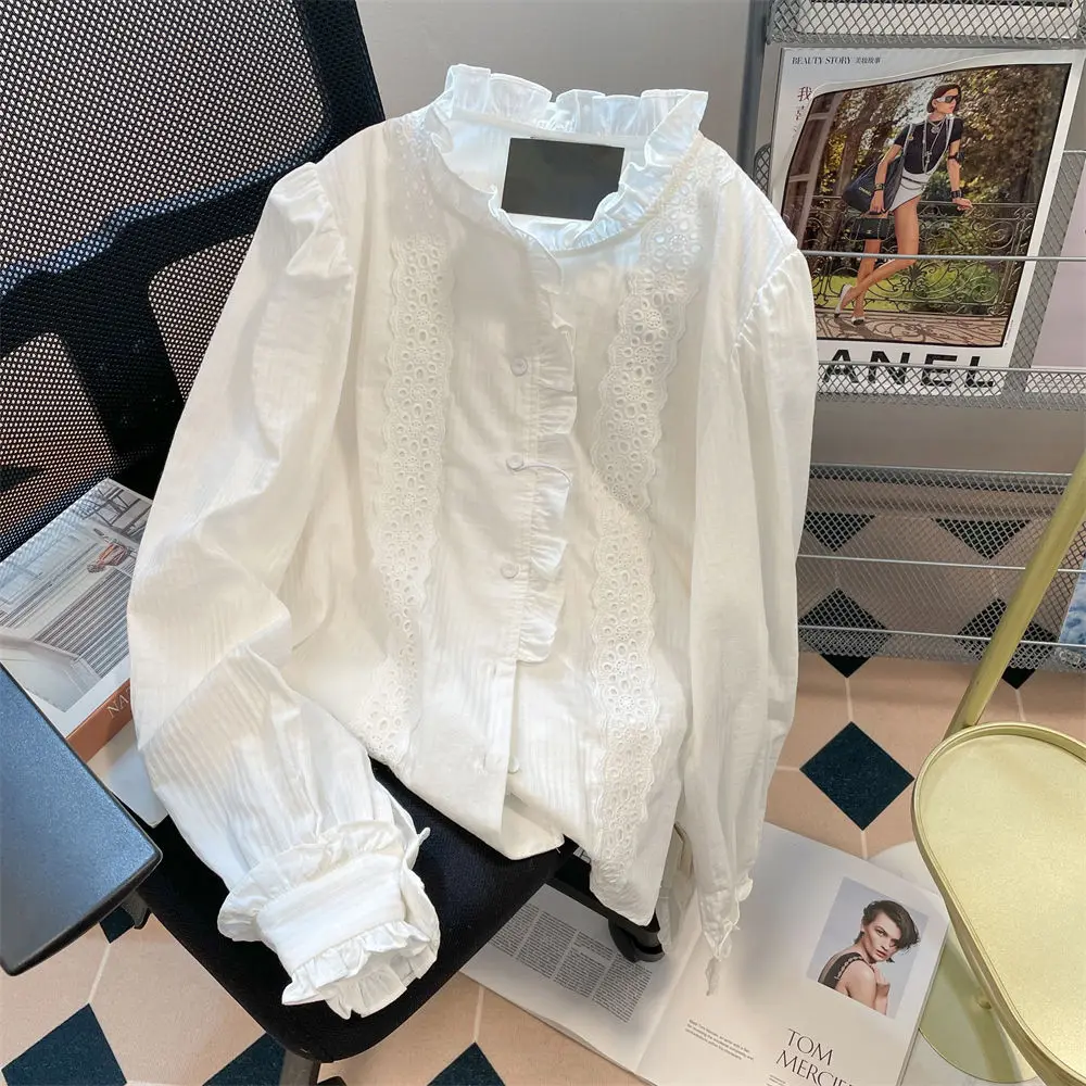 

Women's Elegant Lace Solid Shirts Office Casual Long Sleeve Stand Up Collar Blouses Tops Women Loose Female Clothing H21