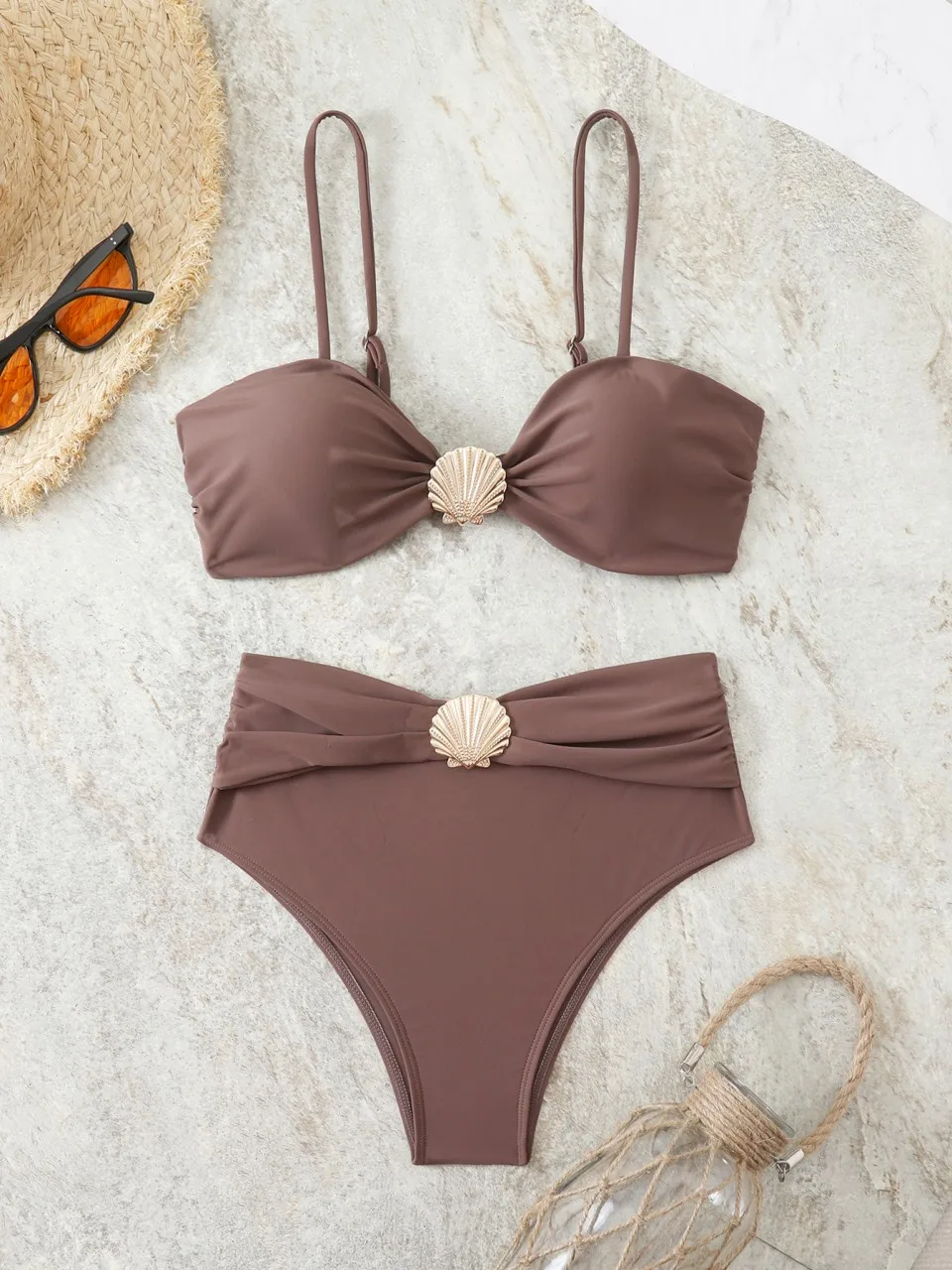 Traje de Baño Sexy con Tiras, Bikini Triangular Sólido 2026, Traje de Baño Femenino con Conectores de Concha, Traje de Baño Acolchado para Mujer