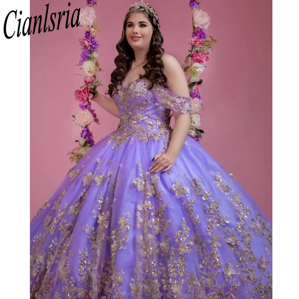 Vestidos lilas de quinceañera para niña, vestidos con cuentas y lentejuelas hechos a mano, flores 3D, fiesta de graduación, 15 años