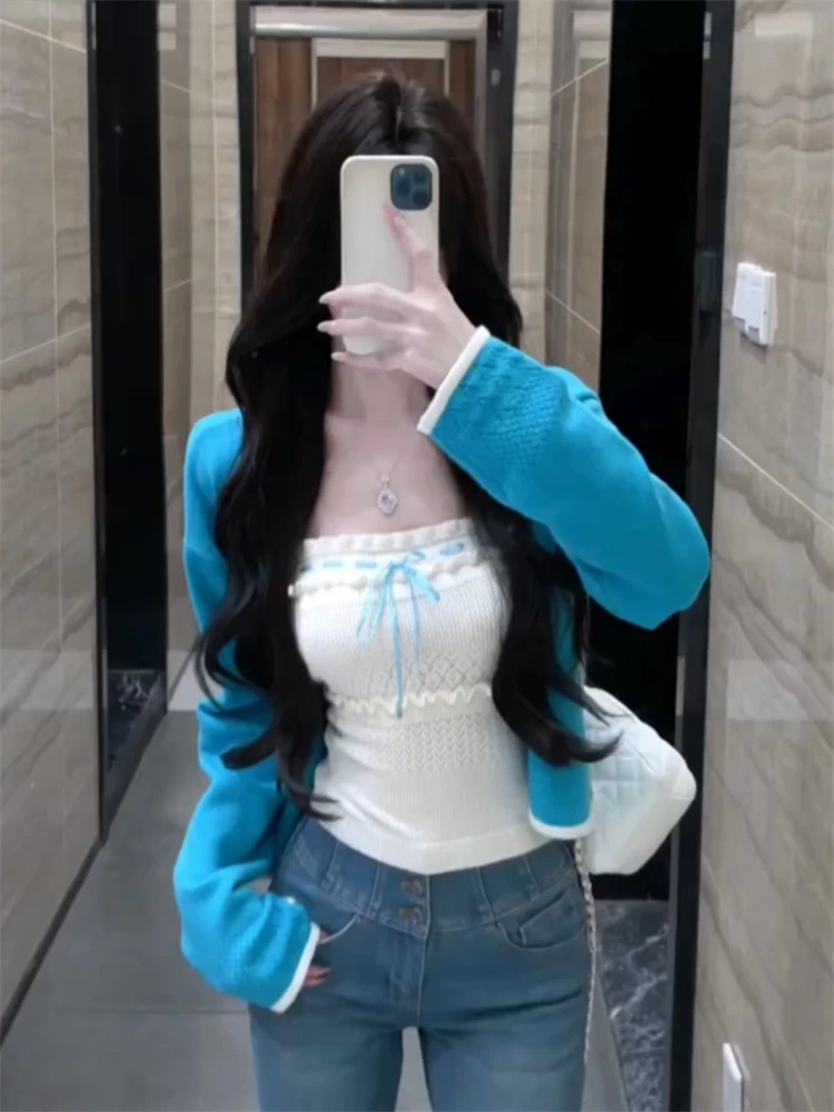 

Anti-Aging Blue Sun Protection Cardigan And Vest Set Women's Faion Casual Wear Knot Top High Waist Trousers