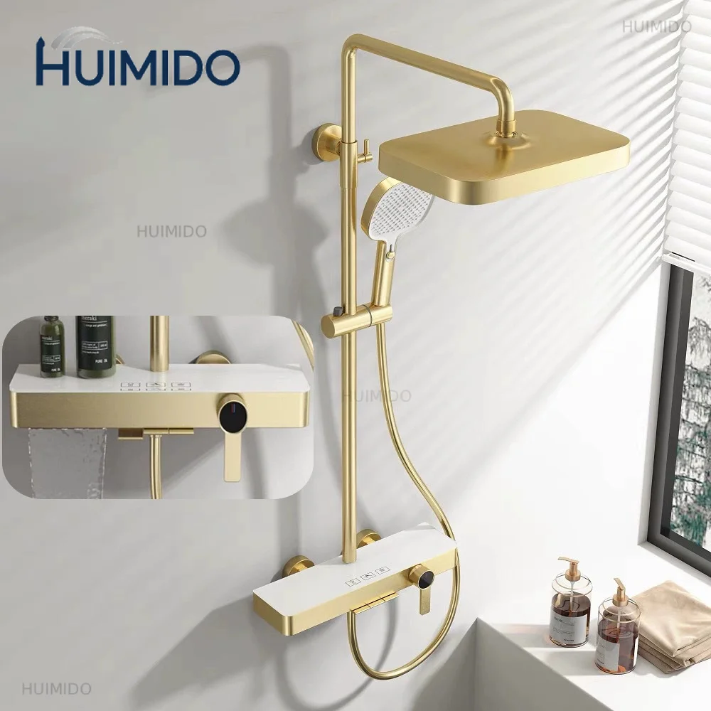 Hot Cold Bathroom Shower System Sprinkler Brushed Rose Gold Piano Bathroom Shower Set 12 Inch Rainfall Round Shower Head Faucets