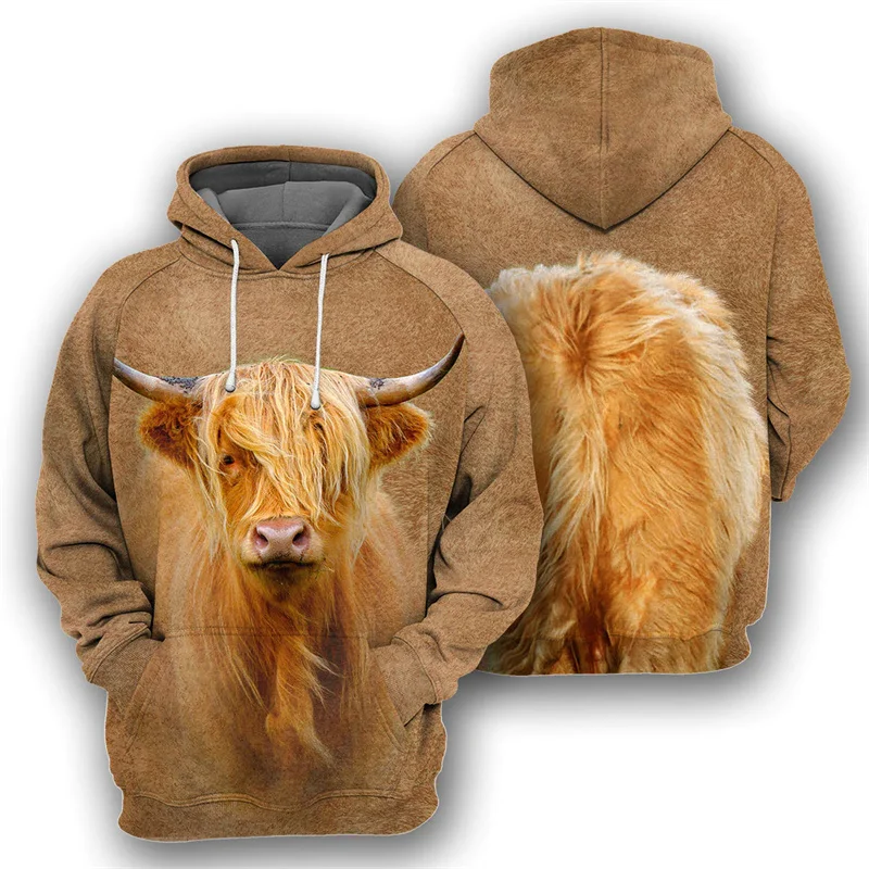 Animal Sheep Alpaca Bull Horse Pattern Hoodie Men 3D Printed Long Sleeve Pullover Sweatshirts Street Oversized Hooded Coat