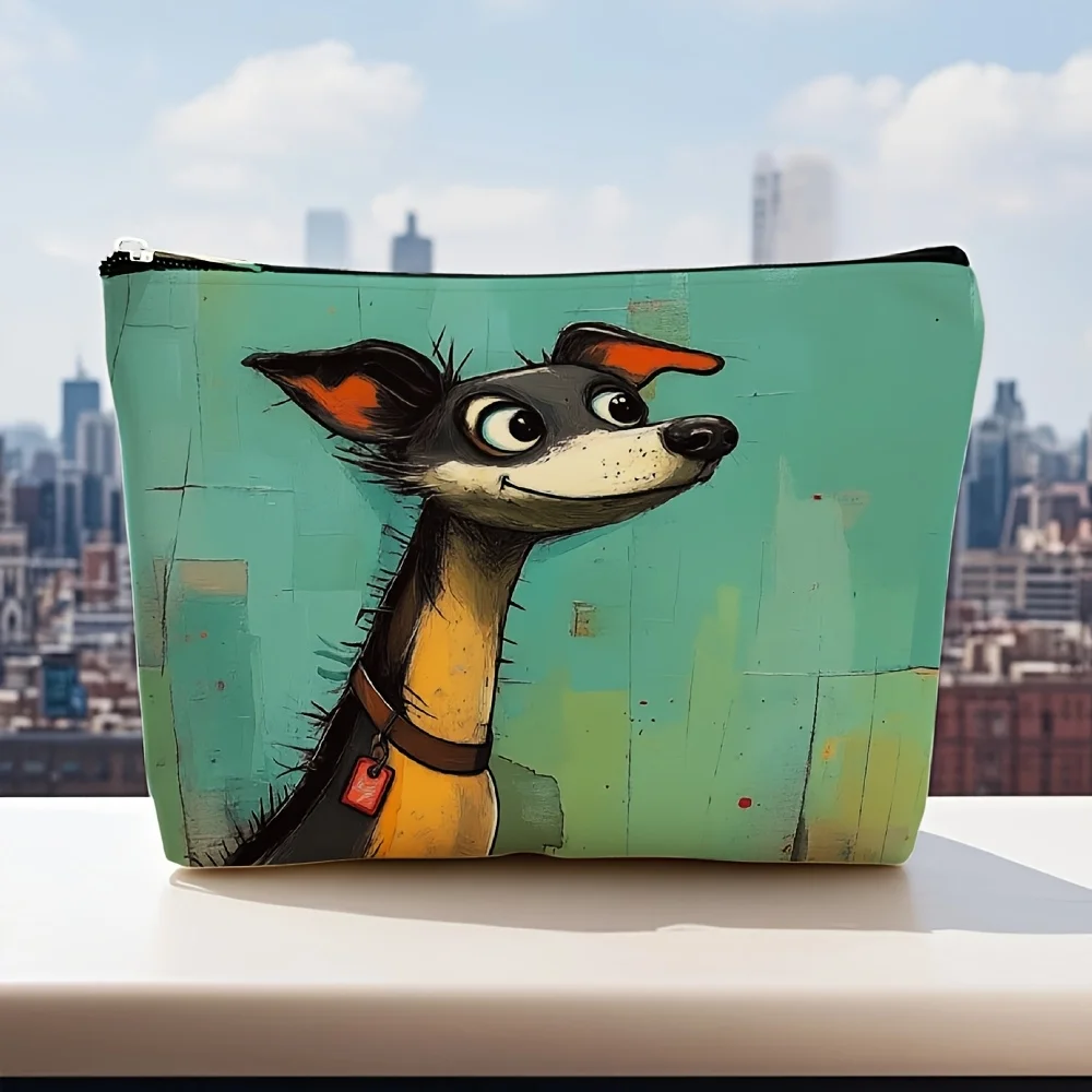 Una simpatica borsa per il trucco con motivo volto di cane con sfondo verde acqua: custodia multifunzionale con cerniera, borsa per riporre gioielli