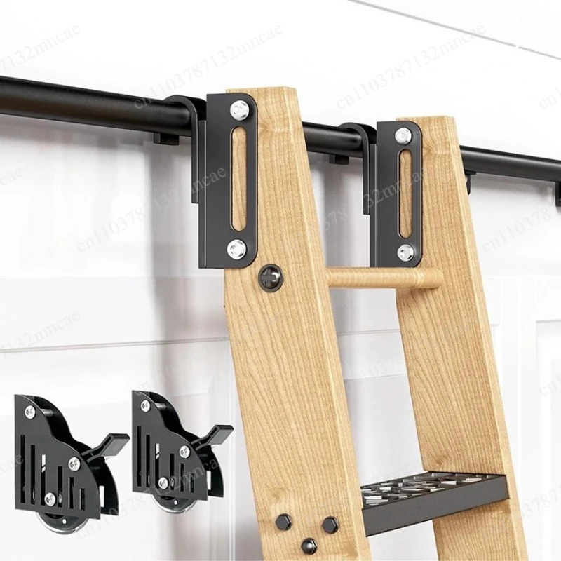 Wall Mount Adjustable Attic Library Ladder Black Carbon Steel Track Mobile Step Stair For Bookcase Household Indoor Access Tool