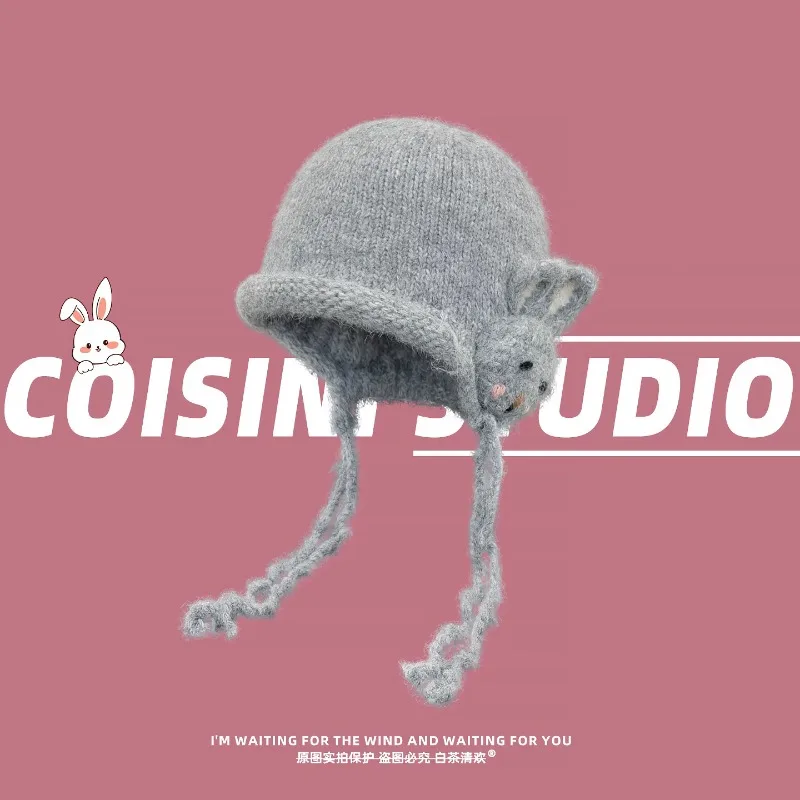 Cute 3D Bunny Knit Beanies for Women Autumn Winter Fuzzy Tassel Strap Bonnet Hat Sweet Warm Versatile Pull‑on Earflap Caps