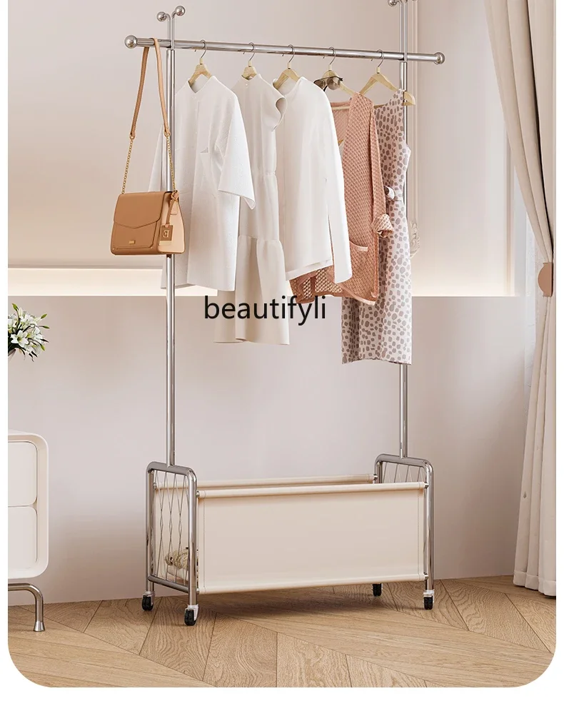 

SS 7304Cream Wind Floor Movable Coat Rack Stainless Steel Storage Leather Clothes Hanger