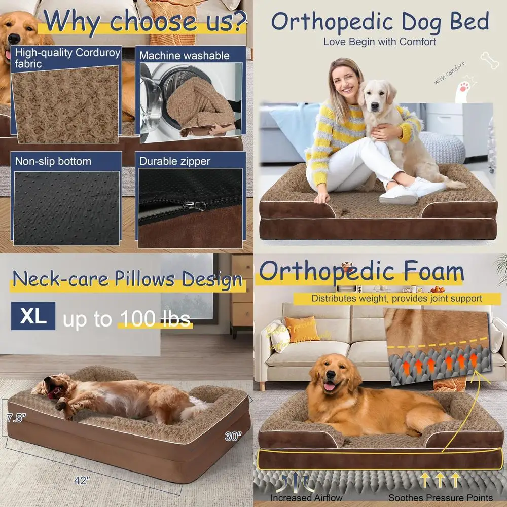 

XL Washable Orthopedic Memory Foam Dog Bed for Large & Medium Breeds, Waterproof Removable Cover Pet Sofa in Brown