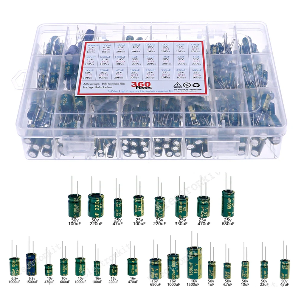 360Pcs 24 Value High frequency Aluminum electrolytic Capacitor set 1UF-1500UF 6.3V-50V Low ESR Mixed Box kit