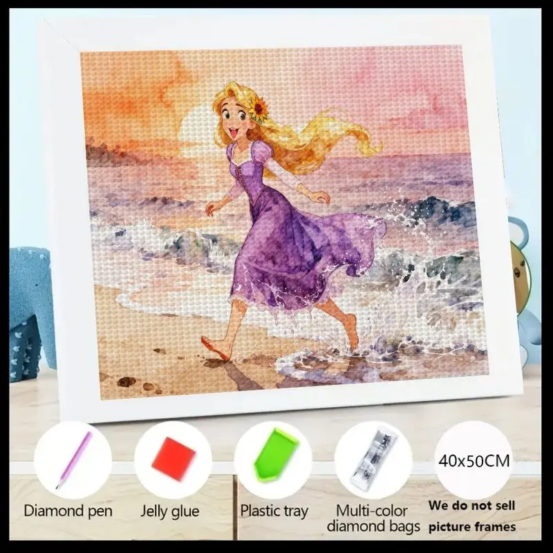 

1PC 5D DIY Full Drill Diamond Painting Kit, Enchanting Long-Haired Princess Running on Sunset Beach Design, Crystal Rhinestone A