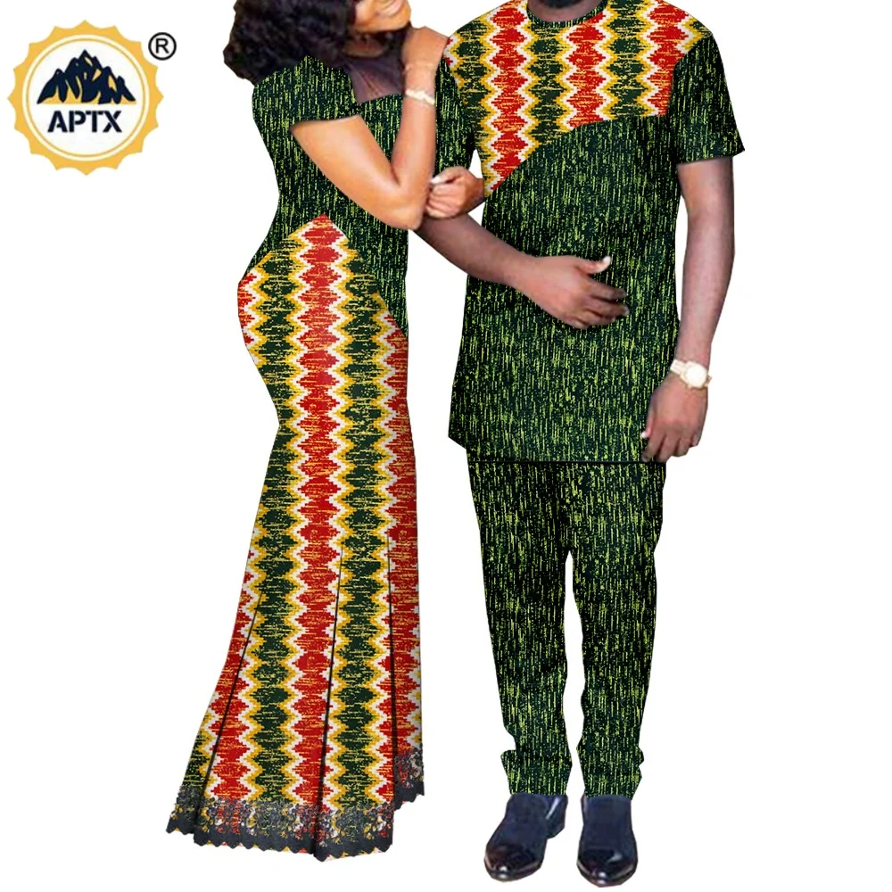 

African Clothes for Couples Matching Outfits Dashiki Metallic Women Print Lace Dresses Bazin Riche Men Top and Pant Sets A20C003