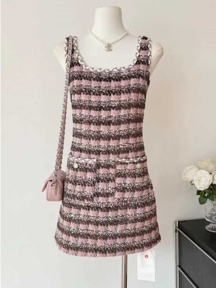 

New Summer Small Fragrant Sweet Plaid Tank Top Skirt Chic Fashion Women Square Collar Sleeveless Weave Mini Tweed Dress Clothes