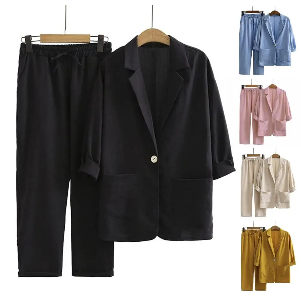 Women Pants Set Stylish Women's Casual Wide Leg Pants Set with Lapel Collar Elastic Waistband for Spring Autumn Outfits Casual