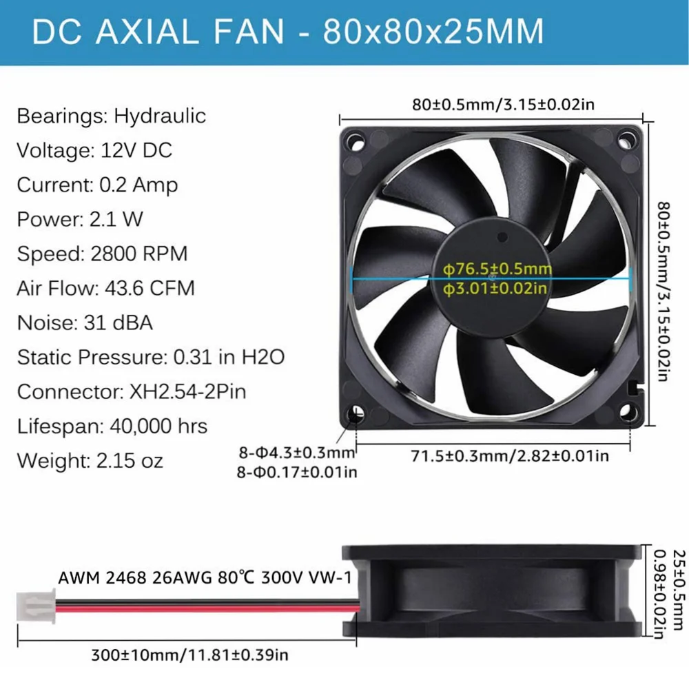 80x80x25mm DC 5V 12V 24V Brushless Cooling Fan 2-Pin High Performance Strong Quiet 8025 Fan For Computer Case Amplifiers