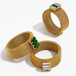 Peri'sbox Stainless Steel 18K Pvd Gold Plated Mesh Wide Band Ring with Baguette Cz Women Chunky Statement Jewelry Wholesale