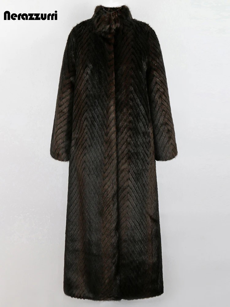 Nerazzurri ฤดูหนาวยาวพิเศษหนาหรูหราลาย Fluffy Faux Mink Fur Coat Stand Collar Maxi เสื้อกันหนาว2022