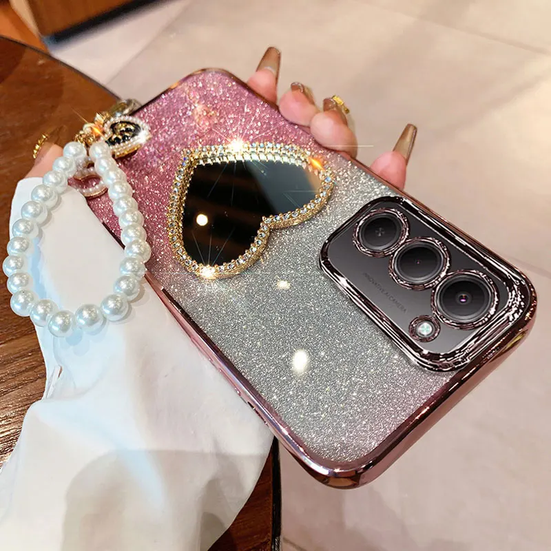 Redmi15 غطاء فاخر اللؤلؤ سوار الحال بالنسبة Xiaomi Redmi 15 4G 5G 15C POCO F7 X7 Pro 15T الماس الحب مرآة القضية مع الحبل