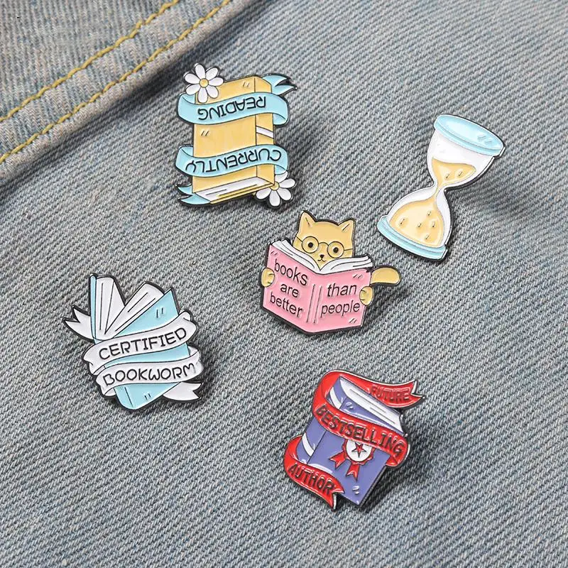 Book Enamel Pins Book Quote Banner Brooches Hourglass Badges Reader Bookworm Book Lover Students Jewelry Accessories Gifts