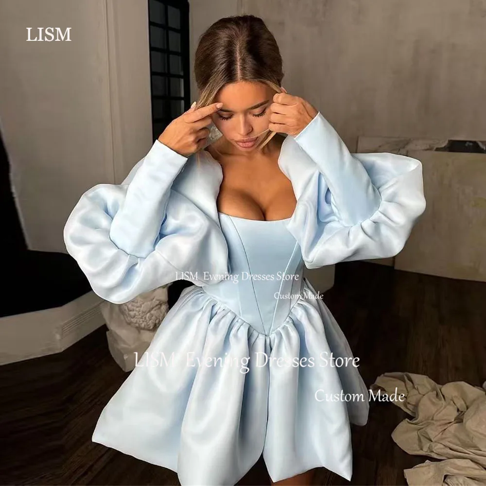 

LISM Sexy Square Neck Short MIni Wedding Dress Customised Long Sleeve Puffy Vestidos De Novia Beach Boho Bridal Party Gown