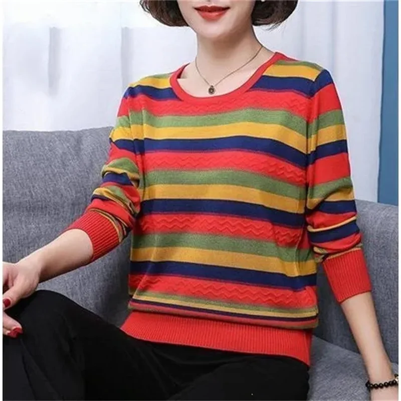 

Women Middle-aged And Elderly 200 Catties Long-sleeved T-shirt Thin Sweater Female Spring Mother Wear Crewneck Striped Undercoat