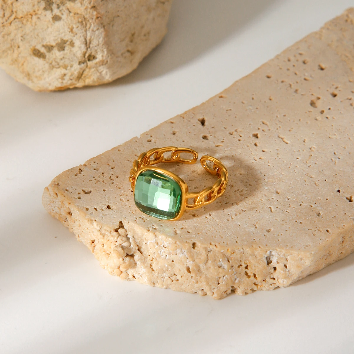 

Dainty Green Crystal Ring 18K Gold PVD Plated Stainless Steel Women Cuban Link Band Non Fade Daily Office Party Gifts