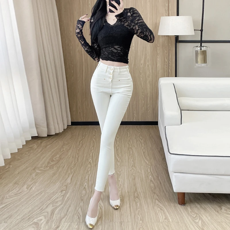 Nowe Białe Obcisłe Jeansy Damskie z Wysokim Stanem Casualowe Elastyczne Jeansy Vintage Sexy Femme Długość do Kostek Spodnie Ołówkowe Jeansy Denim