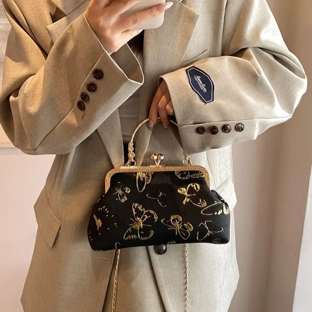 

Butterfly Pattern Chinese Style Handbag Kiss Lock Shoulder Retro Embroidery Crossbody Bag Wrist Bag Cheongsam Accessories