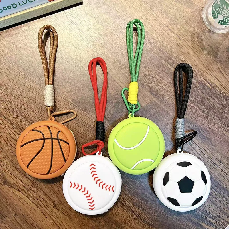 Trendy and cool sports style coin purse, keychain basketball football headphone bag storage bag coin purse pendant gift