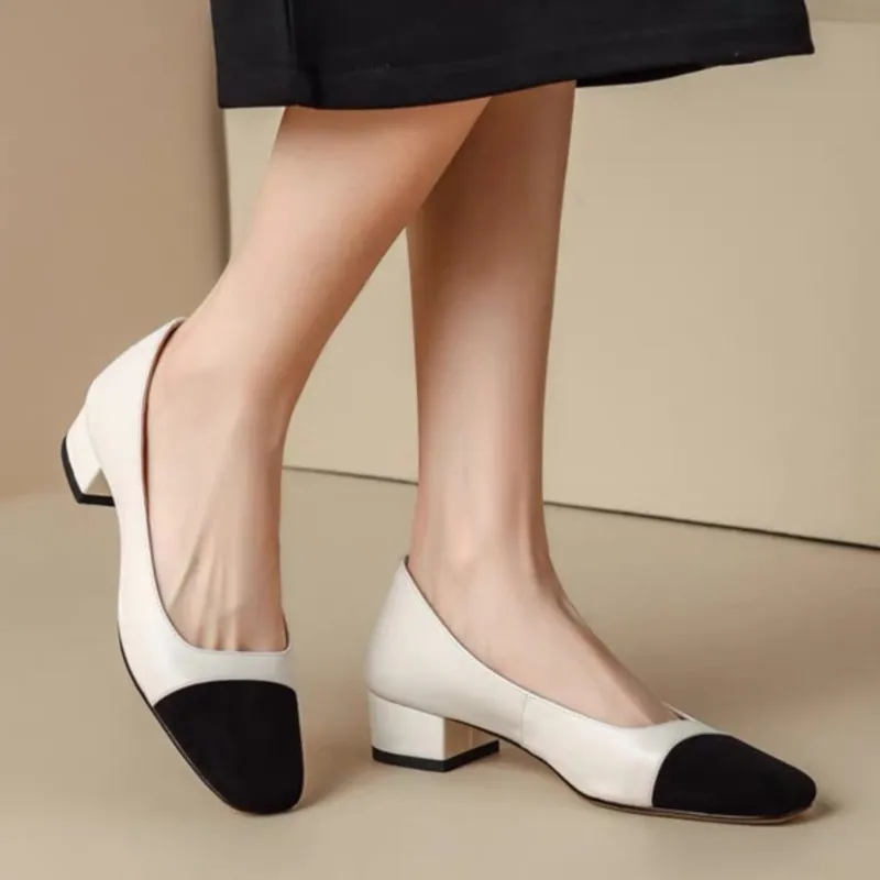 Plus Size 42 Women's High Heel Pumps Square Toe Boat Shoes Patchwork Mid Heels Dress Shoes Square Heels Slip on Basic Pump