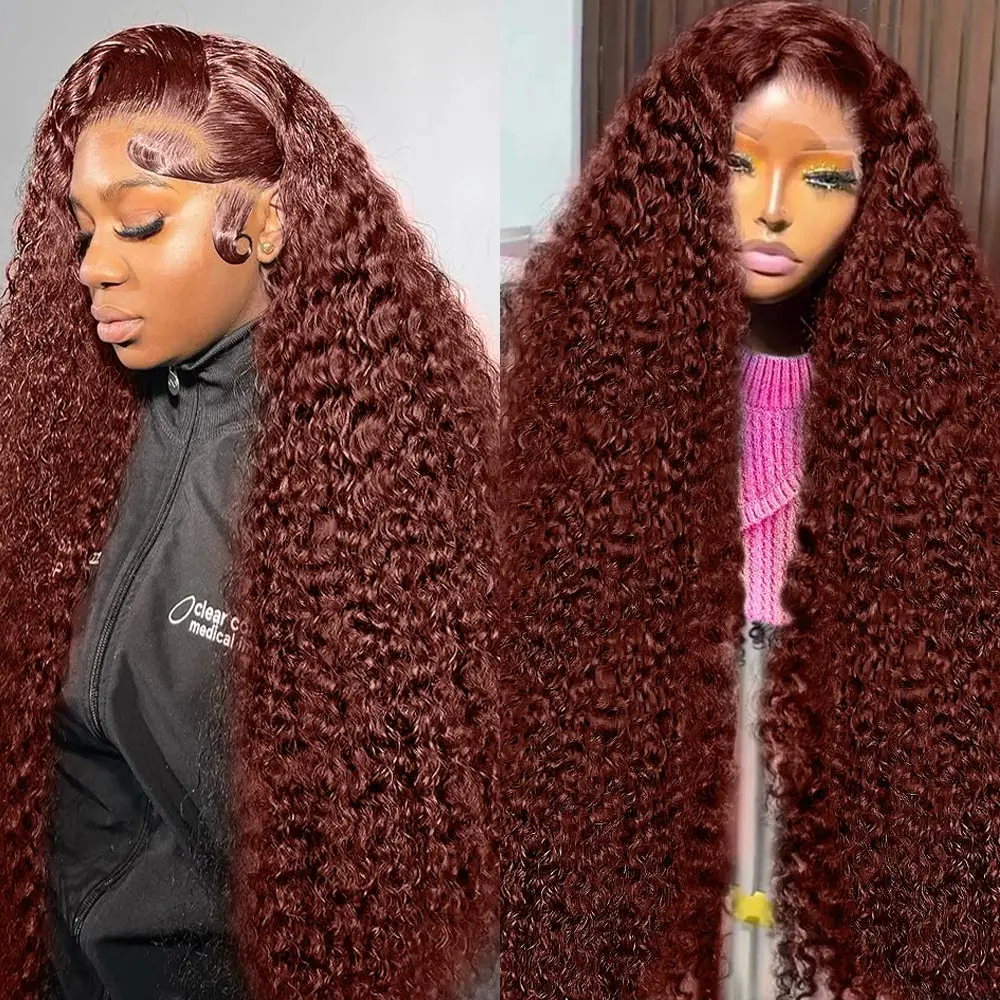 Reddish Brown Lace Front Human Hair Wigs Dark Red Brown Deep Wave Lace Front Wig 13x4 13x6 HD Lace Frontal Wig On Sale Clearance