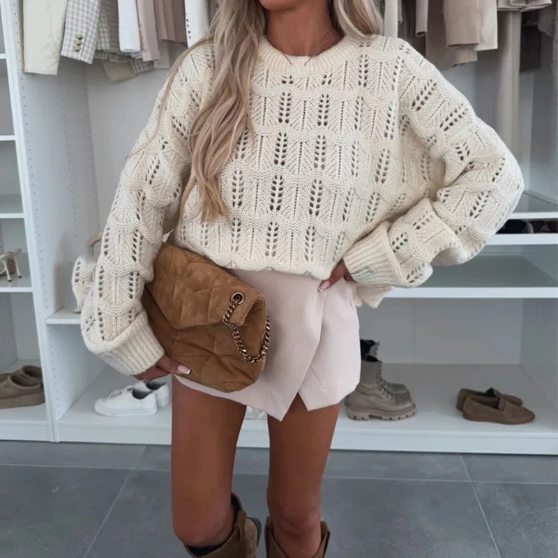 

Fashion Hight Streer Hollow Knitted Tops Women's Causal Long Sleeve Solid Color Jumper Pullover Elegant Jacquard Loose Sweater