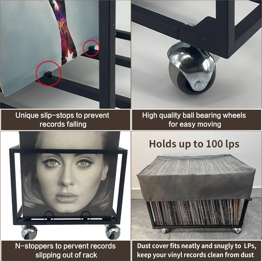 Vinyl Record Storage Holder with Wheels and Dust Cover - Holds 100 LPs - Sturdy Metal Stand in Smooth Black