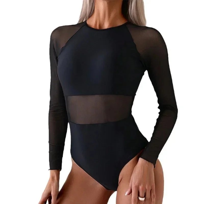 Spliced See Through Mesh One Piece Swimsuit Women Black Sexy Long Sleeve Slim Bodysuits Bikini Vacation Hot Springs Bathing Suit