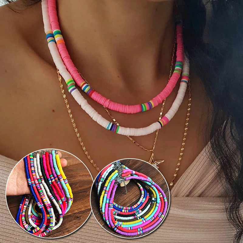 Boho Style Necklace Colorful Clay Beaded Choker Party Rainbow Polymer Clay Necklace Jewelry Gifts for Women Girls Adjustable