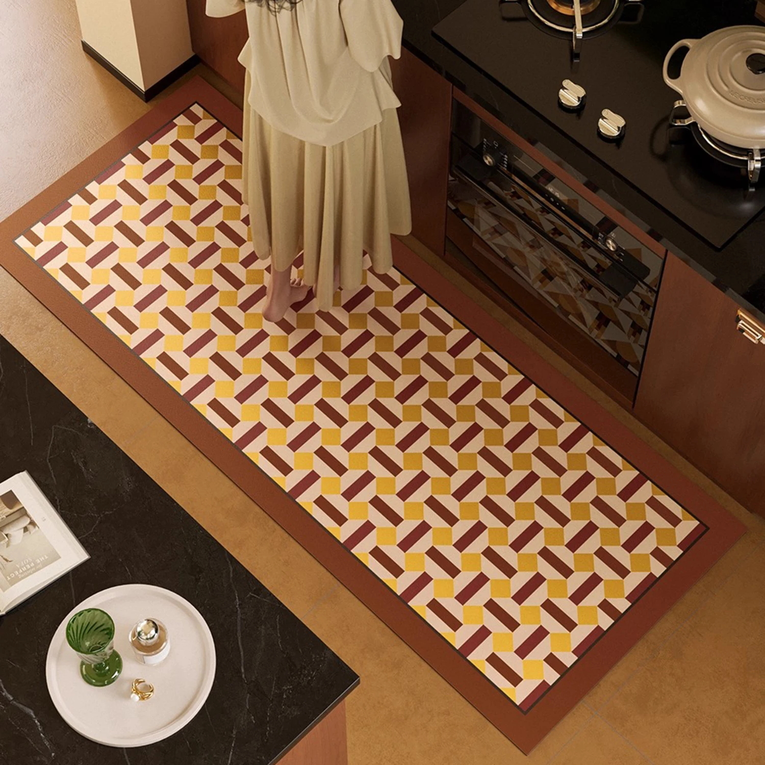 

Retro Checkerboard Plaid Kitchen Carpet Mid-century Modern Style Long Strip Runner Kitchen Rugs Non-slip Waterproof Floor Mat 러그