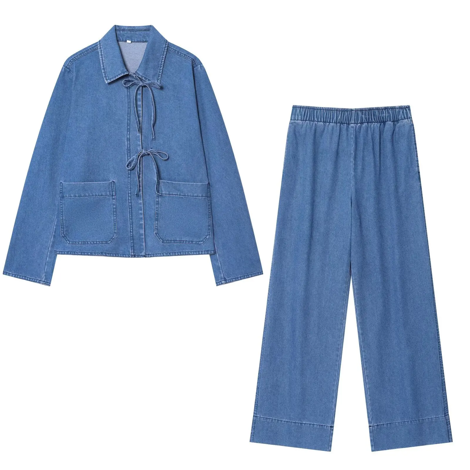Traje vaquero informal Vintage para mujer, Tops de manga larga + pantalones de pierna ancha con cintura elástica, conjuntos de ropa de calle de otoño 2025