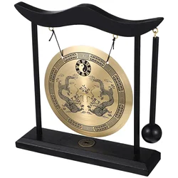 Copper Gong With Mallet Sturdy Handicraft Vintage Pattern Brass nament Desktop Figurines Miniatures Chinese