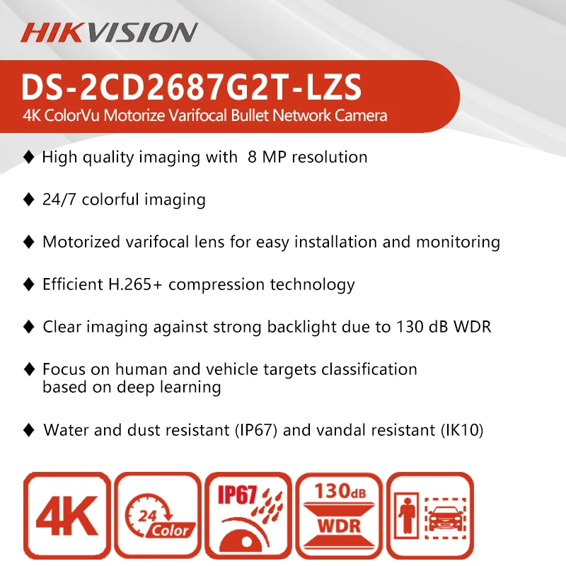 Hikvision 8MP 4K ColorVu Varifocal Bullet Network Camera DS-2CD2687G2T-LZS Support 4X Zoom Human&Vehicle Detection Audio Alarm