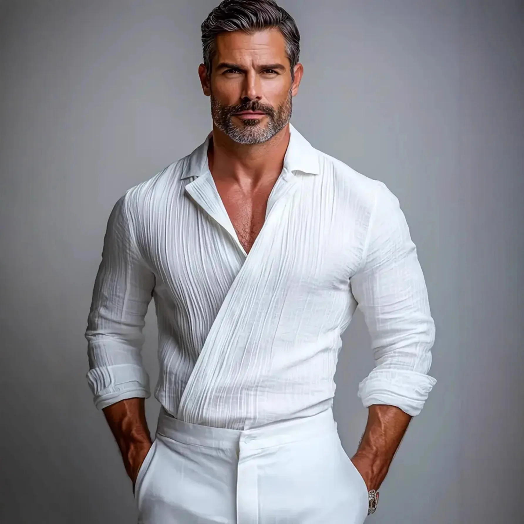 

2026 Spring Summer Men's Linen Shirt Blouse Top Long Sleeve Pocket Workwear Button Down Jacket Outfit