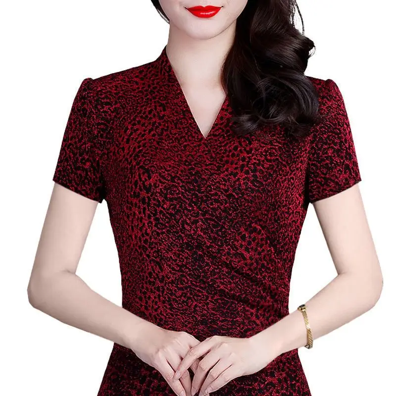 Plus Size V-neck Leopard Women\'s Clothing Summer Fashion Slim Sexy Tops 2023 Women New All-match Net Yarn T-shirt