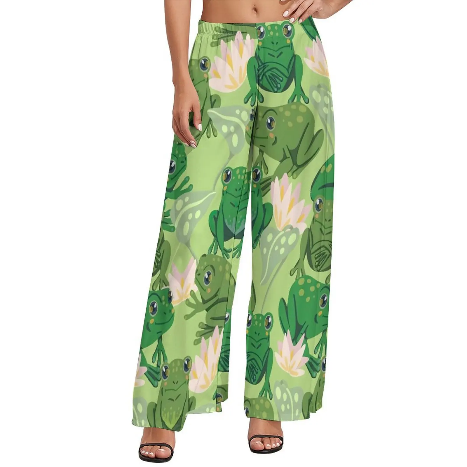 

Cute Frog Lotus Pants Pink Flowers Street Wear Straight Wide Leg Pants Elastic Waist Office Trousers 4XL 5XL 6XL