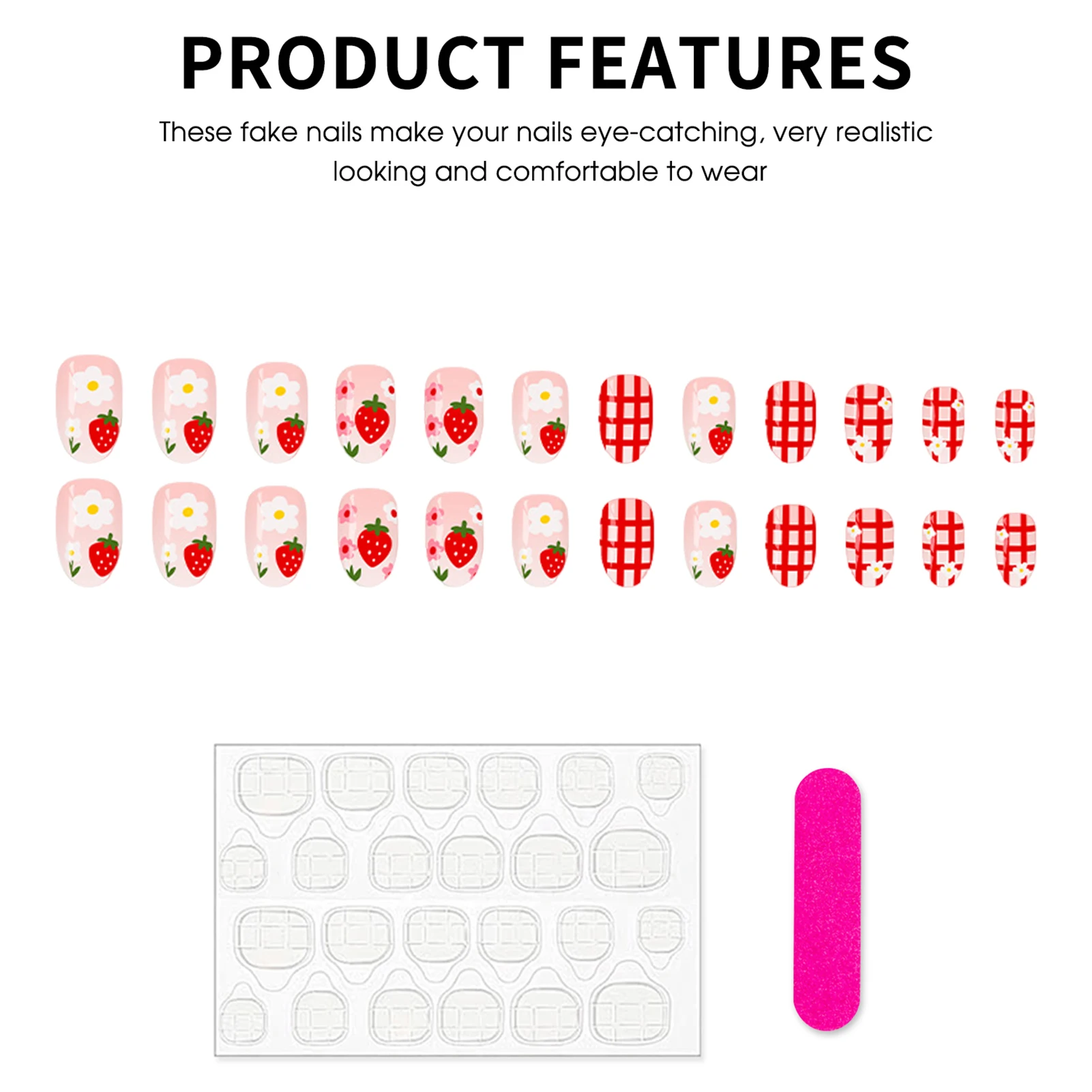 Summer Party Press On Nails Strawberry Gingham Pattern Short Oval Glossy False Nails for Women Girls Cute DIY Manicure Kit